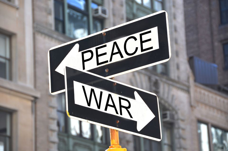 graphic of a street sign that says peace and war