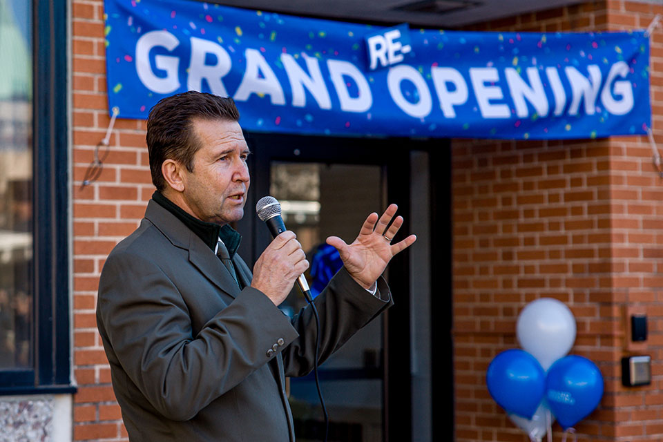 Alexei Demchenko, Ph.D., Department Chair of Chemistry, speaks during the Grand Re-Opening of Monsanto Hall on November 2, 2023.